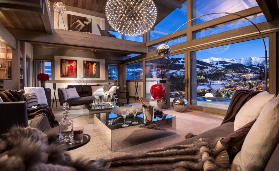 Luxury living room in luxury catered ski chalet in Megeve 