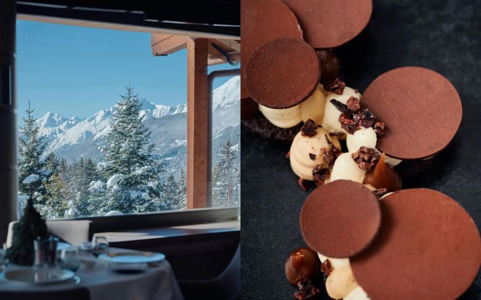 A collage of the magical views and fantastic gourmet meal at LeMontBlanc, a Michelin Star restaurant in Crans Montana.