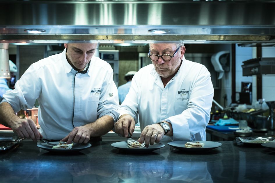 Father and son duo Maxime and Rene Meilleur at work in one of the best Michelin star restaurants in ski resorts, La Bouitte.