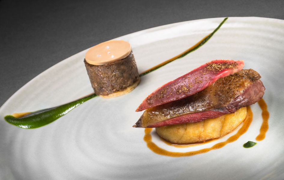 Pigeonneau roti au poelon, ragout sur toast, champignons, Chenopodes Bon Henri. Plated up at the 3 Michelin star Restaurant in St Martin de Belleville, La Bouitte.