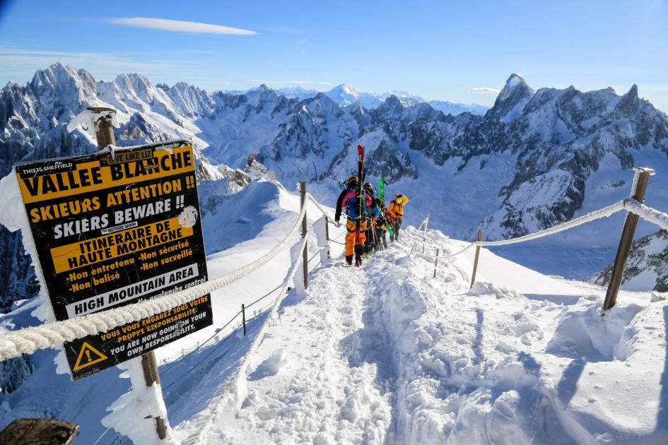 Warning sign on entrance to the Vallée Blanche, the main spot that makes Chamonix one of the best resort for off piste skiing.