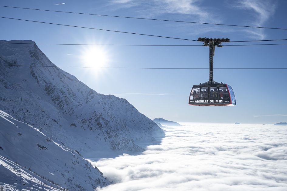 The Aiguille du Midi Cable Car above the clouds in Chamonix.