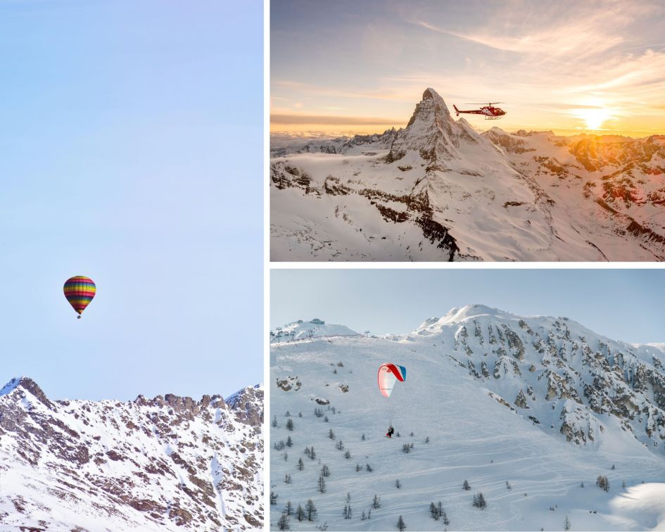 Take to the skies on a helicopter tour, seen flying past the Matterhorn in the top right pic. The bottom right image shows paragliding in Tignes, while the left image is hot air ballooning above mountain peaks.