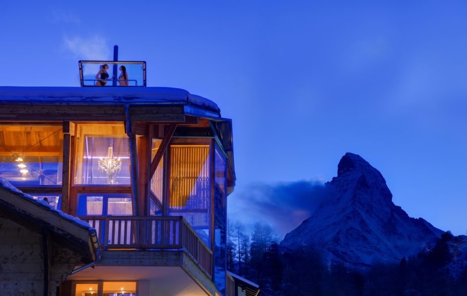 luxury chalet in Zermatt with an outdoor hot tub