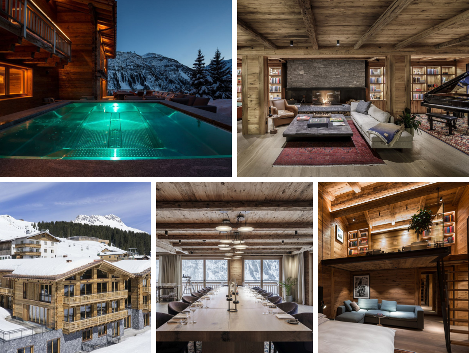 Collage of Arula Chalets, Lech. Featuring the luxury outdoor swimming pool with mountain views, piano, living area, exterior, dining table, and bedroom with mezzanine living area
