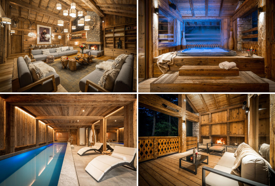 Collage of Chalet Inoko, a luxury chalet in Val d'Isere, featuring the pool, hot tub, living room, and outdoor fire