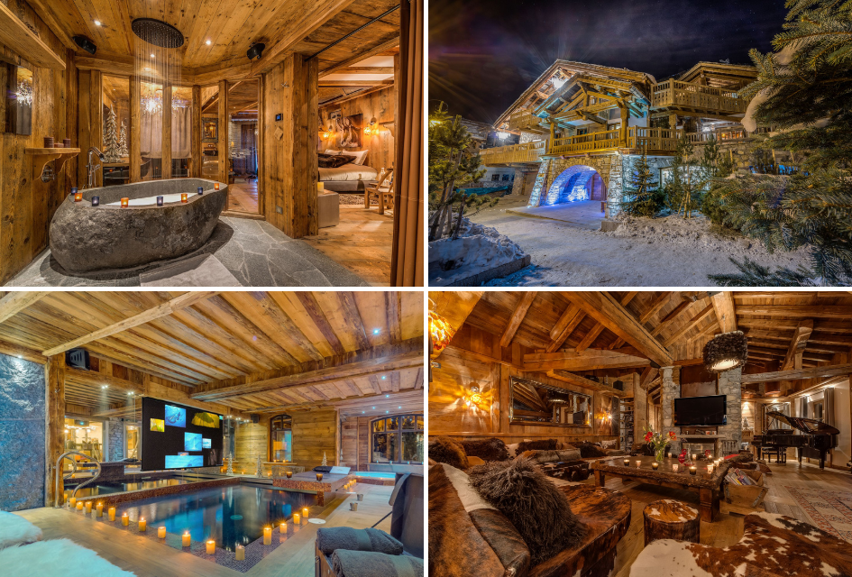 Collage of the luxury spa area, living room with grand piano, exterior, and bathroom of Chalet Lhotse, a luxury ski chalet in Val d'Isere.
