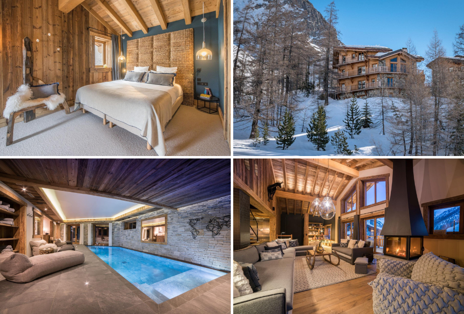 Collage of one of the best luxury catered ski chalets in Val d'Isere: Chalet O Valala, tucked into the trees with a luxury indoor pool and cosy interior