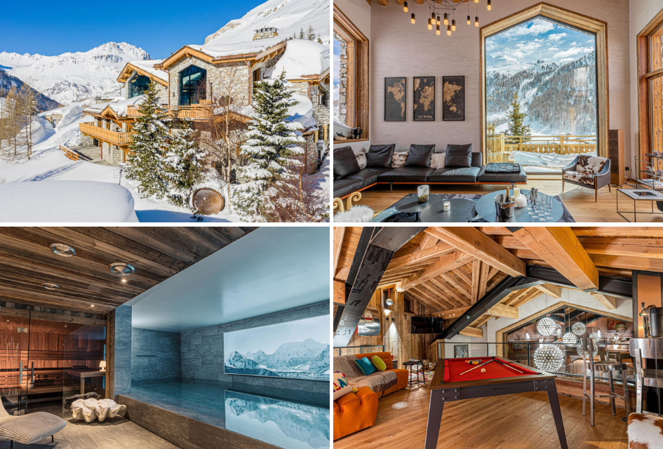 Collage of Chalet Orca and Chalet Orso, two of the best places stay on a luxury ski holiday in Val d'Isere