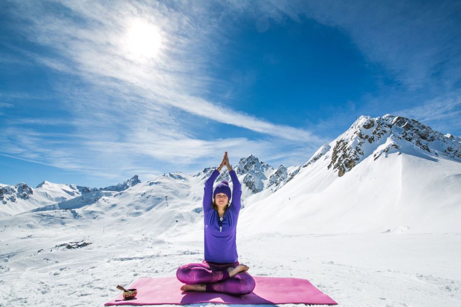 Yoga in the Alps. Credit: Courchevel Tourisme yoga in the Alps, Mindfulness in the Alps, Ski Holiday, Courchevel