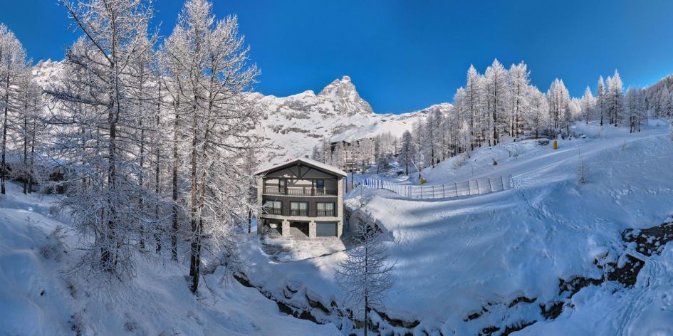 Exterior of Chalet Il Gufo surrounded by snowy trees.