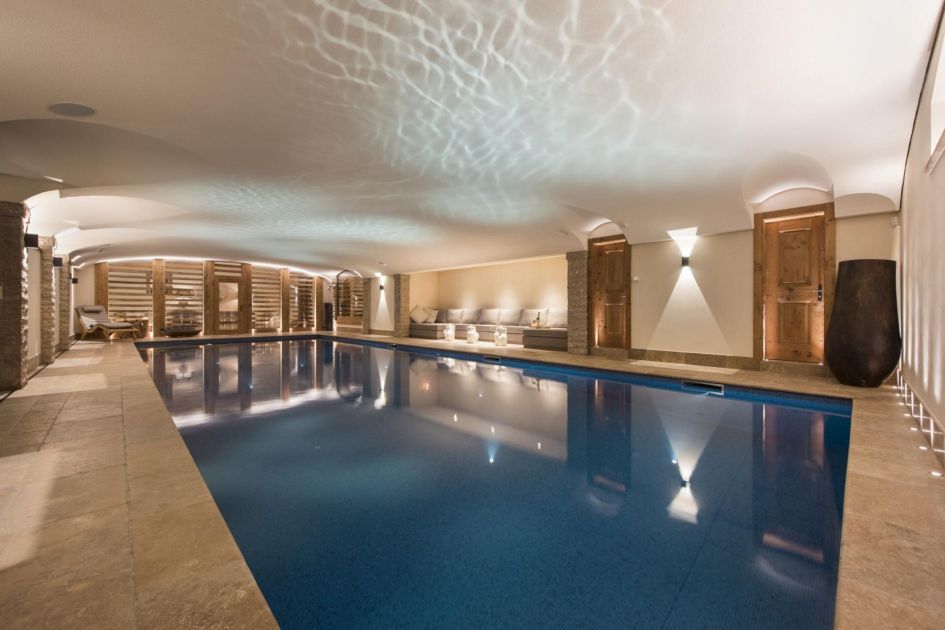 Swimming Pool at Chalet Chouqui, Verbier Verbier chalet with a swimming pool, private swimming pools in Verbier, ski chalets in verbier, catered ski chalets in switzerland