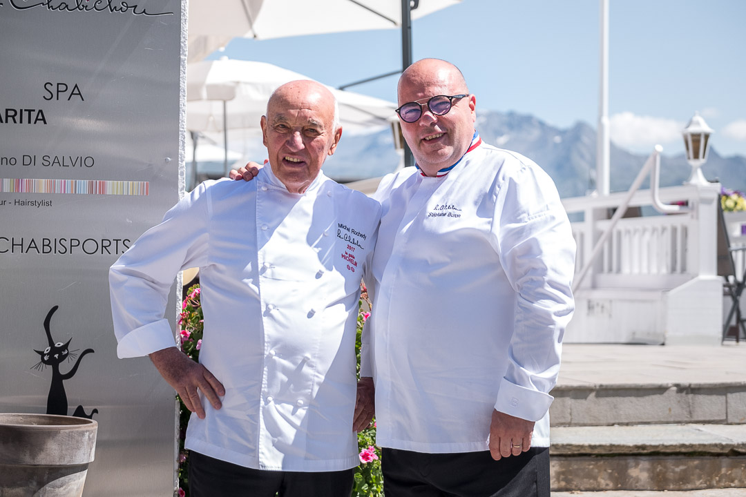 Stéphane Buron with Michel Rochedy, Le Chabichou, Courchevel 1850. Credit: Hungry for More Michelin chefs in Courchevel, Michelin restaurant in Courchevel, best restaurants in Courchevel, luxury dining in Courchevel, gourmet dining Courchevel 1850