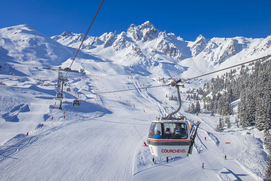 A Courchevel bubble flying over an intersection of some of the wide, gentle pistes that lead into La Croisette. 