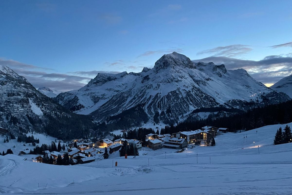 Evening view from luxury ski in ski out Chalet N in Lech