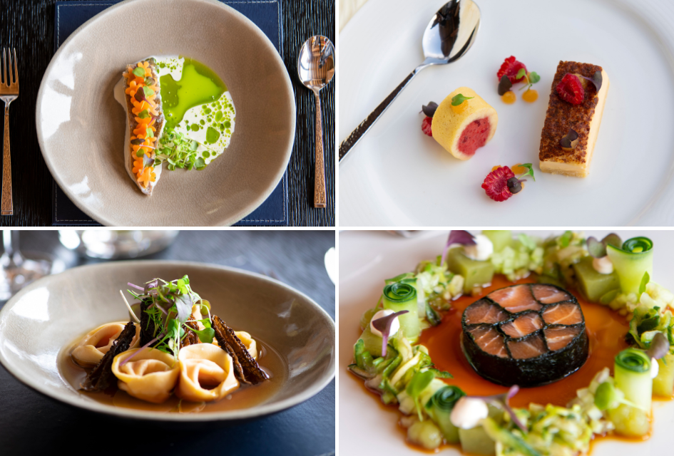 Collage of 4 gourmet dishes served in Zermatt catered chalets.