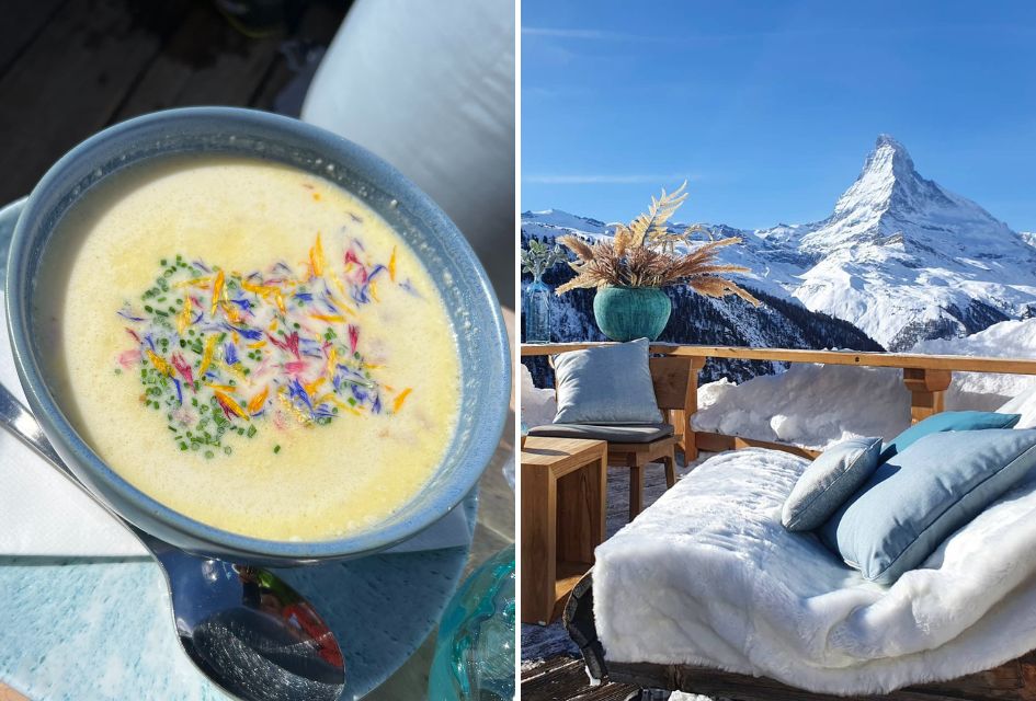 @Paradise, Zermatt Dish at @Paradise (left) and the terrace view of the Matterhorn (right)