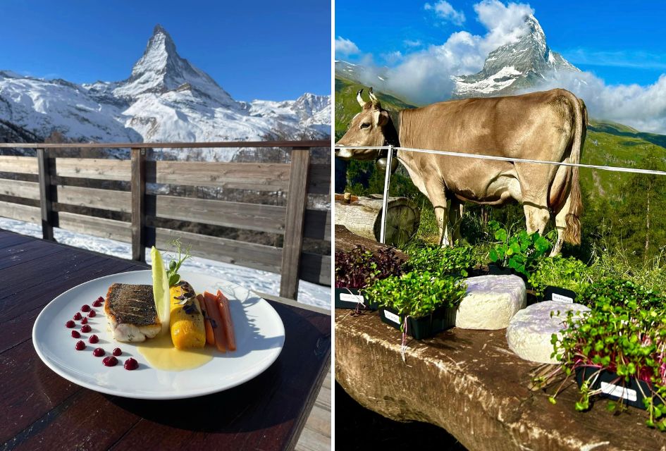 Alphitta, Zermatt. Via Alphitta on Facebook Matterhorn views in both winter, with a beautifully plated dish in the foreground (left) and summer with a selection of local cheeses and a dairy cow in the foreground (right)