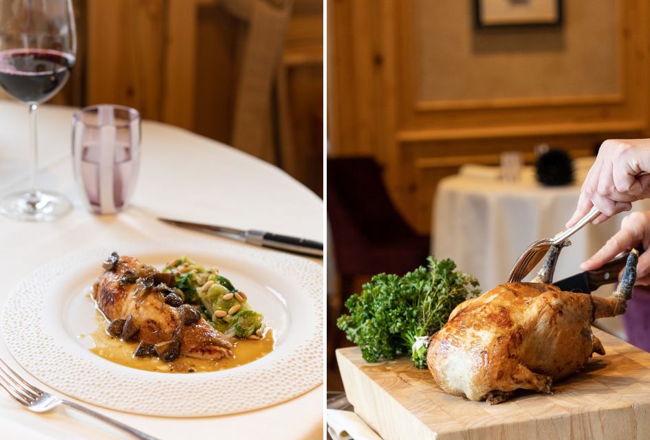 Ristorante Capri, Zermatt. Via Mont Cervin Palace Facebook A plated dish (left) and poultry being carved (right) at Ristorante Capri