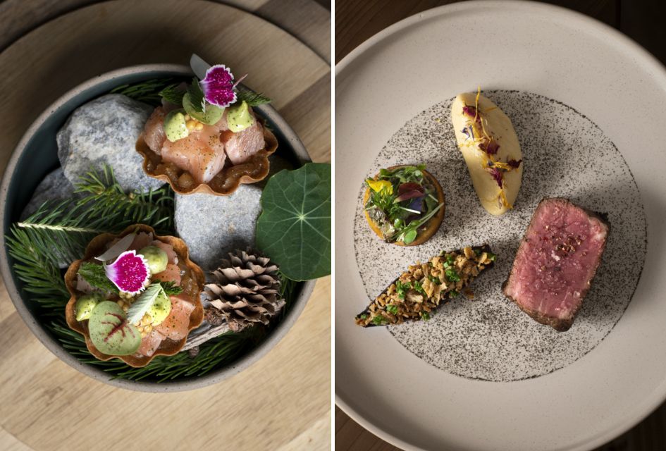 A fish dish presented on cleansed rocks (left), and a meat dish with varying garnishes (right) at Le Table de Vingt Deux