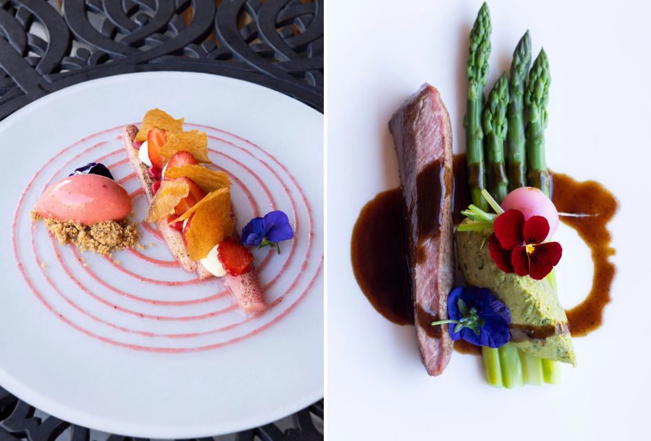 Le Cordée Restaurant, Verbier. Artfully plated dishes at La Cordee Restaurants in Verbier; dessert on a pink spiral of sauce (left) and a meat and asparagus dish (right)