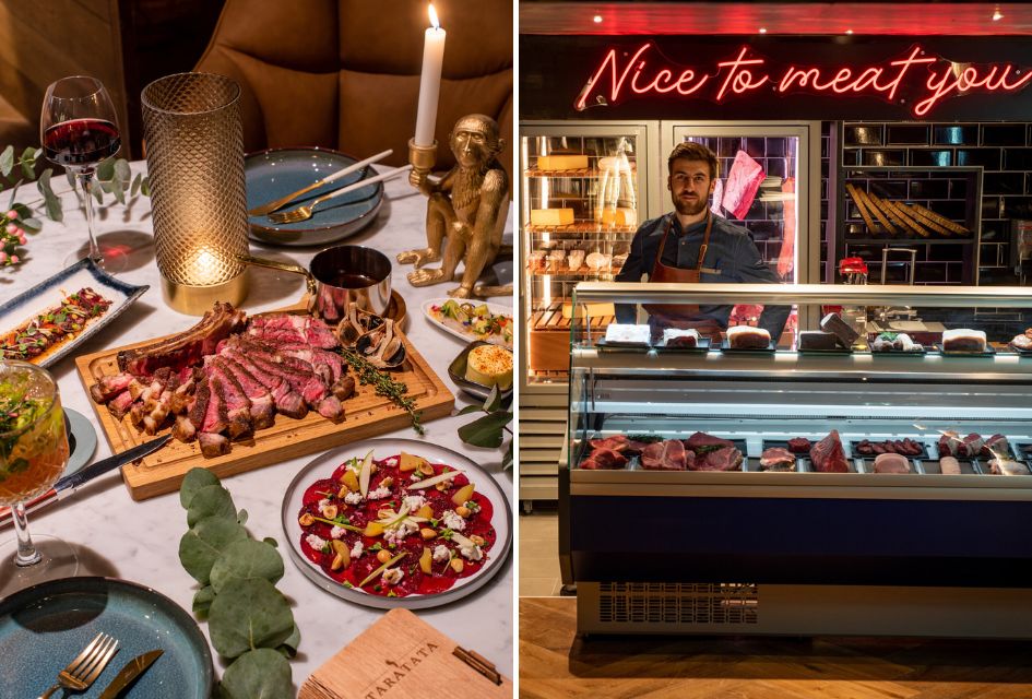 Dishes on the table at Taratata restaurant in Verbier (left) and the fresh meat counter (right)