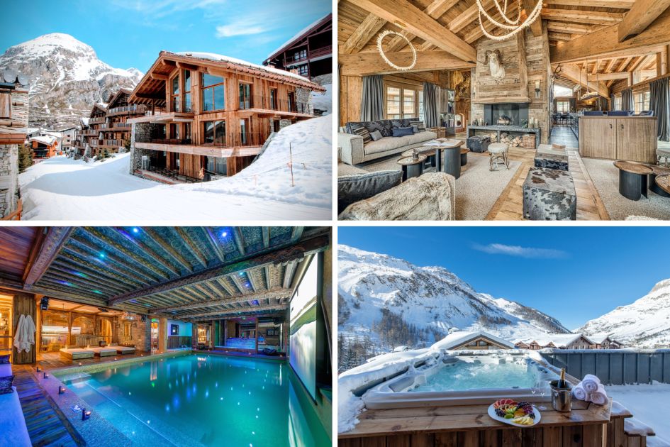 A collage of a ski in ski out chalet in Val d'Isère, the living area with fireplace of another chalet, an indoor swimming pool, and a hot tub with mountain views. 