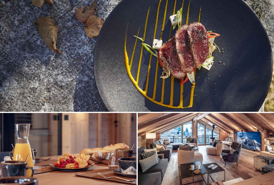 Chalet Harmony, Méribel Collage of gourmet catering at Chalet Harmony with a beautifully dressed plate of beef steak (top), breakfast table with fruit plate and orange juice (bottom left), open lounge space with plenty of stylish seating (bottom right)