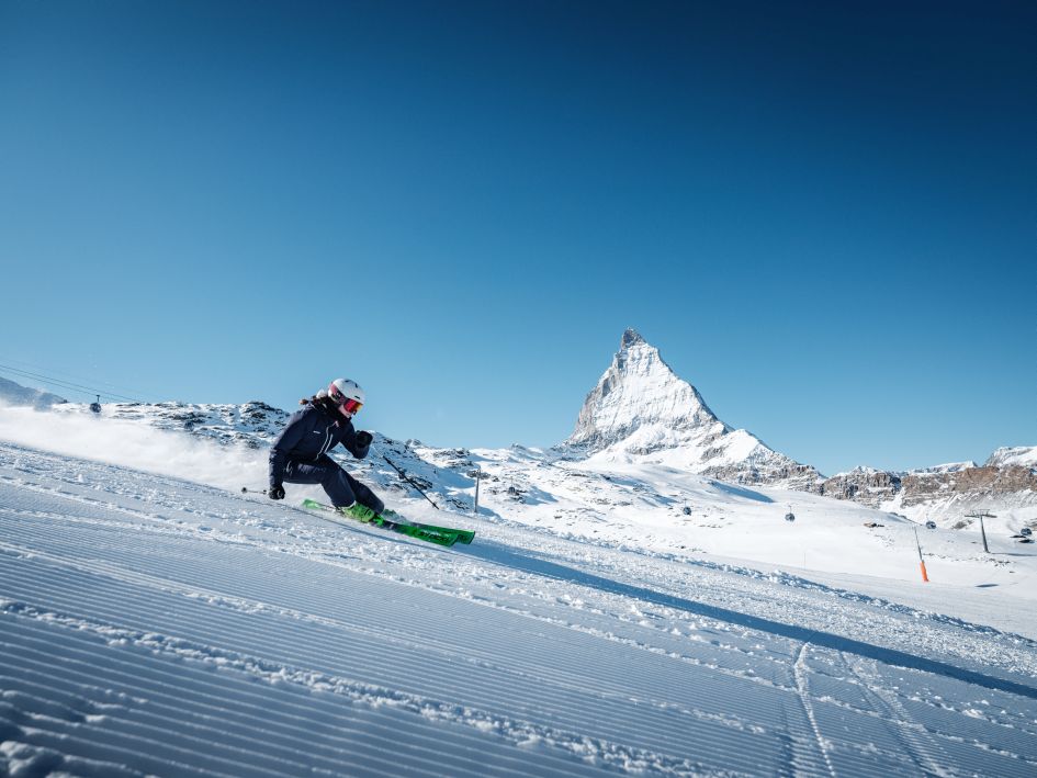 Skiing in Zermatt with the Matterhorn in the background.