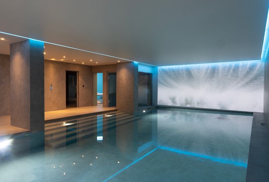 The spacious indoor pool of Lord of Snow, one of the stunning ski-in, ski-out chalets in Courchevel 1850.