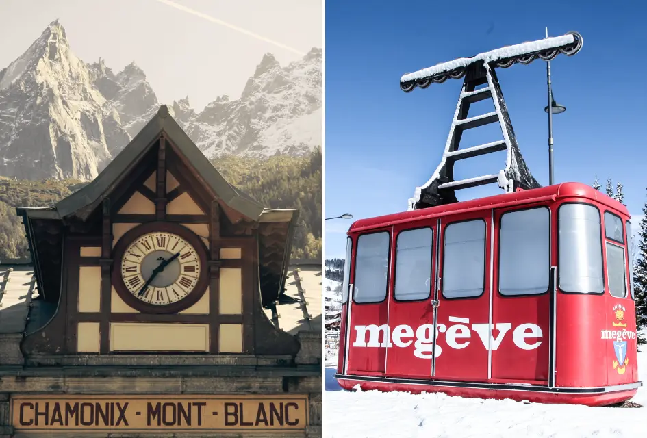 Left image: clock tower and Chamonix-Mont-Blanc sign with snowy mountains in the background. Right image: Red Megève gondola removed from wire on the snow.