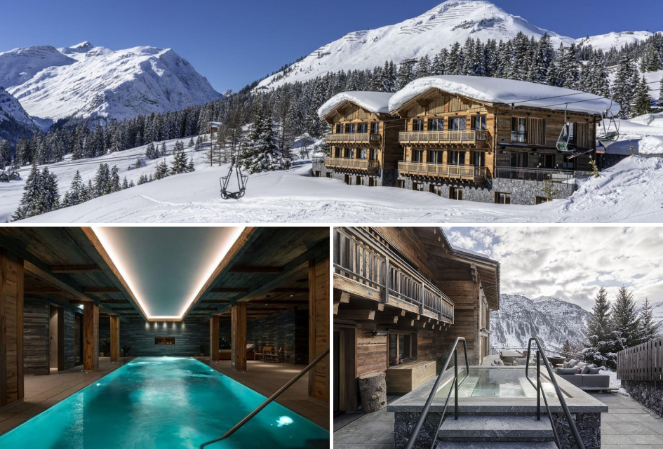 Top: The Arula Chalets exterior in the snow. Bottom left: Luxury swimming pool. Bottom right: Outdoor hot tub.