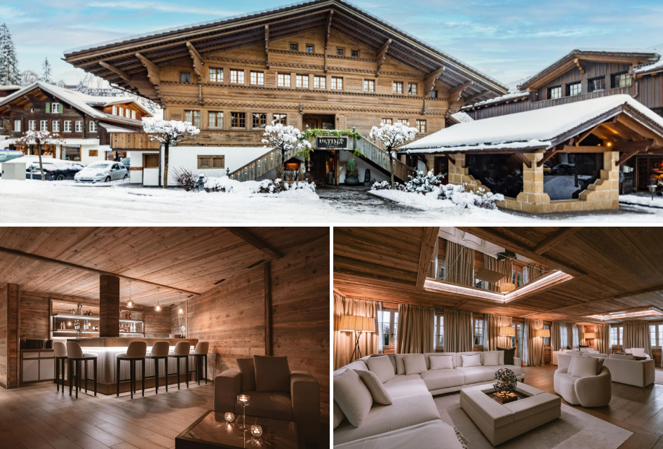 Top: Ultima Gstaad Promenade exterior in the centre of Gstaad. Bottom left: bar area with atmospheric lighting. Bottom right: Ultima Gstaad Promenade's tasteful main living room.