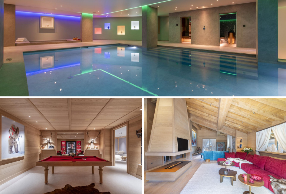 Top: Large indoor pool at Chalet Lord of Snow, Courchevel 1850. Bottom left: pool table with wine cellar in the background. Bottom right: Living room at Lord of Snow.