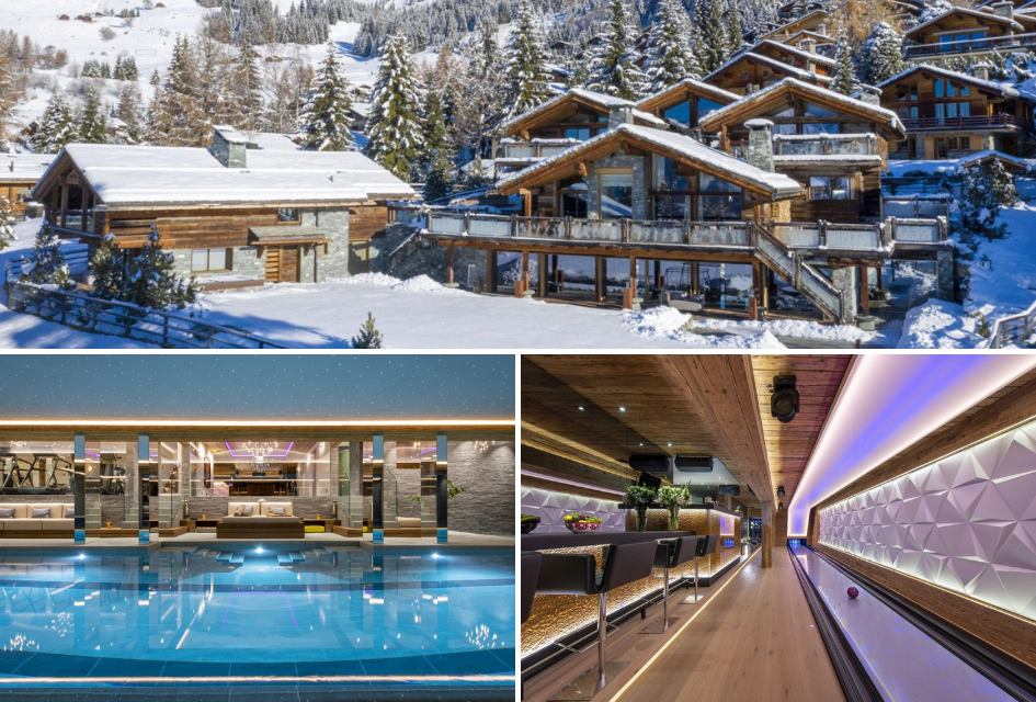 Top: Exterior of Chalet Marmottiere, Verbier. Bottom lefT: Swimming pool at Marmottiere. Bottom right: Bar and indoor bowling lane.
