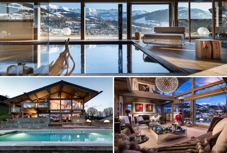 Top: Indoor pool looking out at the mountains frm windows at Chalet Mont Blanc, Megeve. Bottom left: Exterior and outdoor pool of Chalet Mont Blanc. Bottom right: Stylish living room.