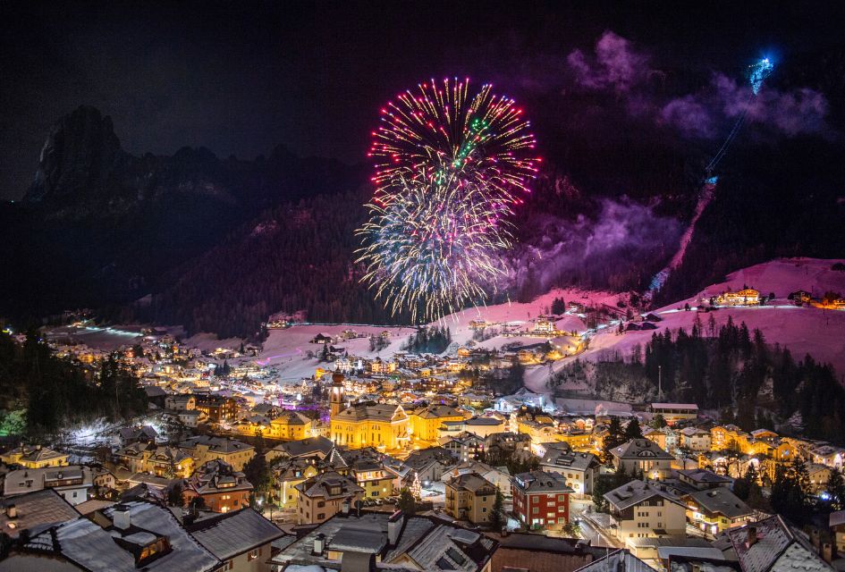 New Year fireworks over Ortisei in the Dolomites of Itlay, a gerat palce to celebrate with a ski holiday, and for a 2 week ski holiday across multiple Dolomites ski resorts.